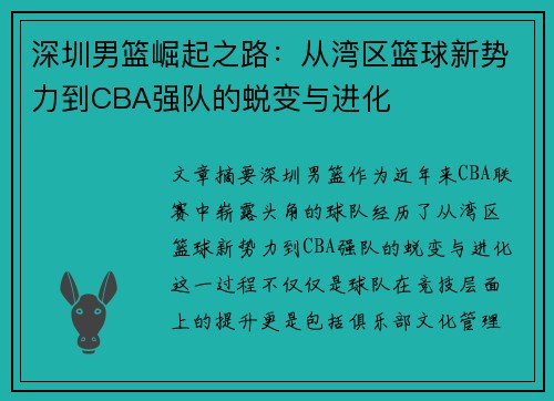 深圳男篮崛起之路：从湾区篮球新势力到CBA强队的蜕变与进化